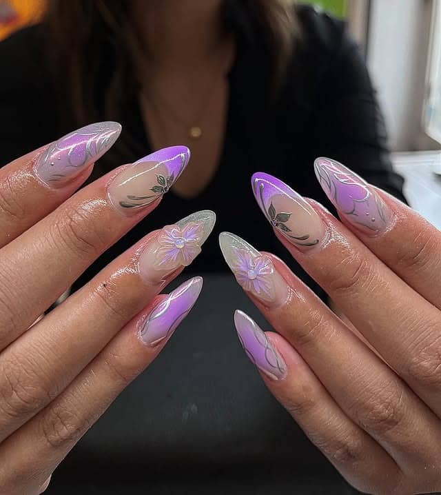 14. Soft Purple Botanical Almond Nails - purple flower nail ideas