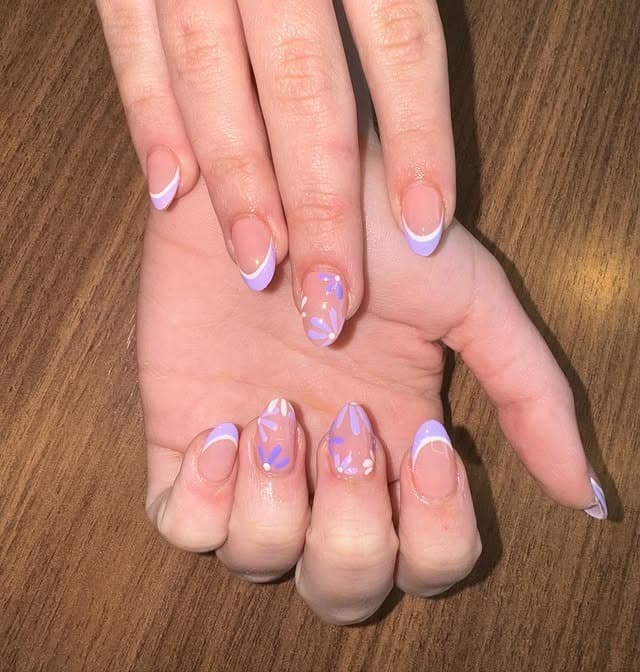 15. Minimal Purple French Flower Nails - purple flower nail ideas