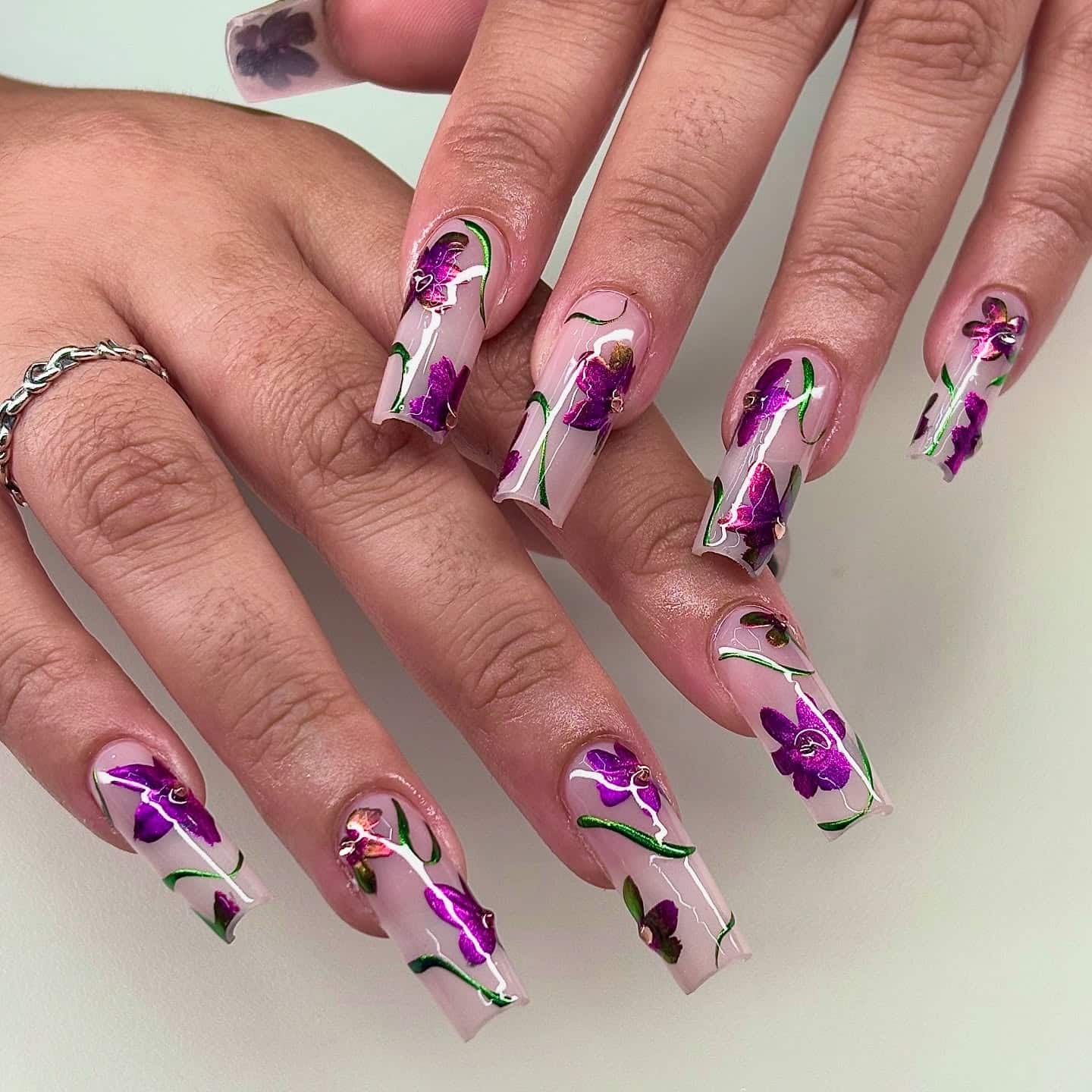 21. Purple Orchid Floral Square Nails - purple flower nail ideas