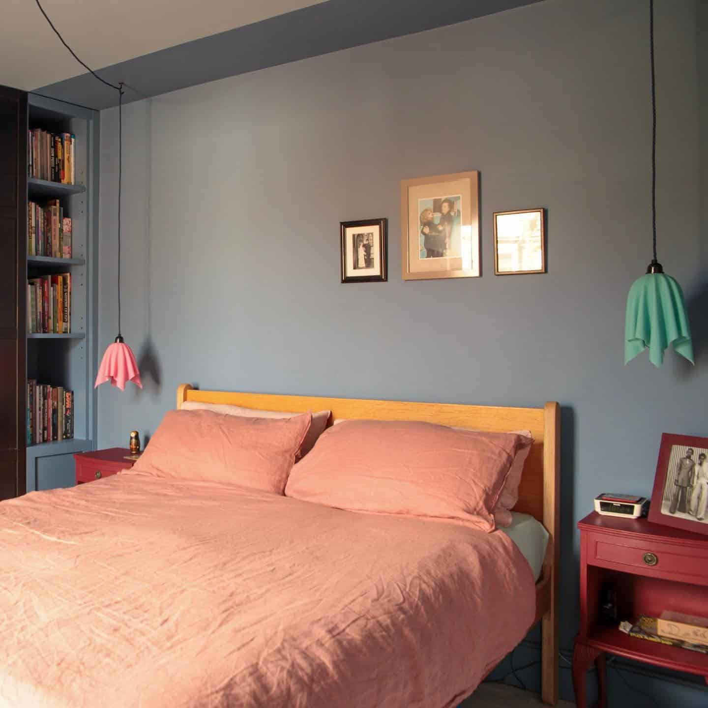 1. Soft Blush and Dusty Blue Balance - light pink bedroom ideas