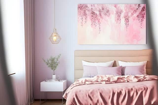 11. Soft Pink Art-Focused Bedroom - light pink bedroom ideas