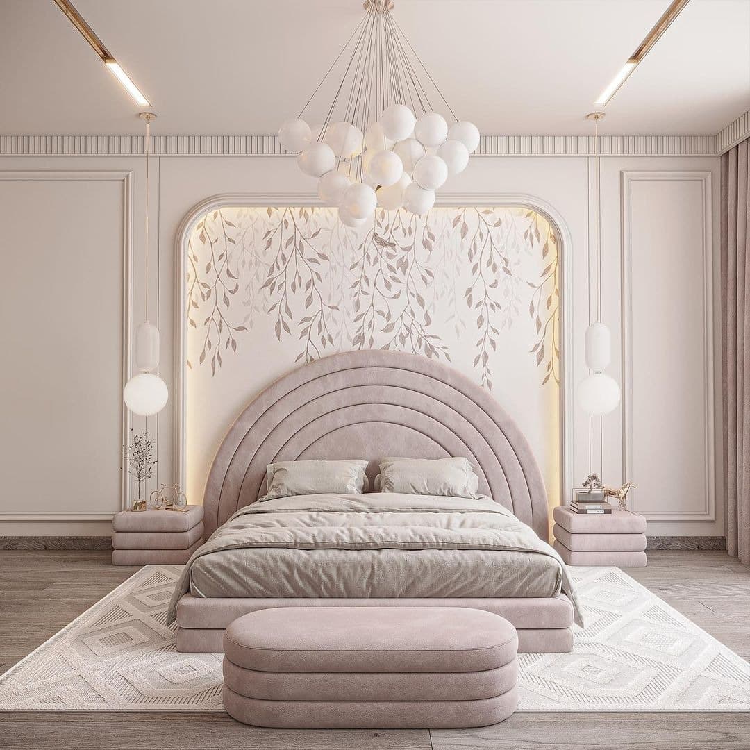 17. Elegant Blush Statement Headboard - light pink bedroom ideas