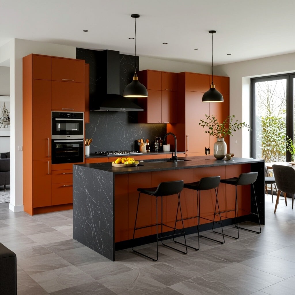 1. Modern Dark Wood Kitchen with Burnt Orange Cabinetry - dark wood kitchen ideas