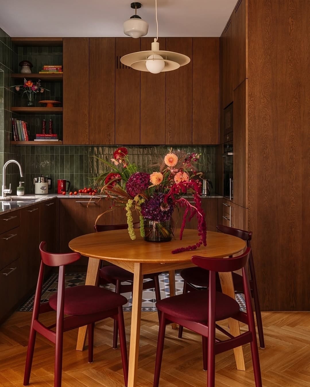 2. Warm Walnut Kitchen with Deep Green Tile Accents - dark wood kitchen ideas