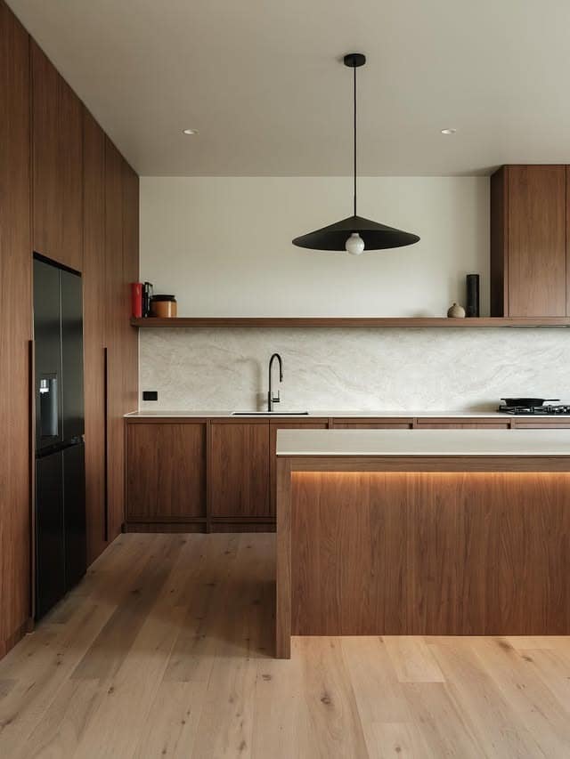 4. Soft Minimal Dark Wood Kitchen with Light Stone Countertops - dark wood kitchen ideas