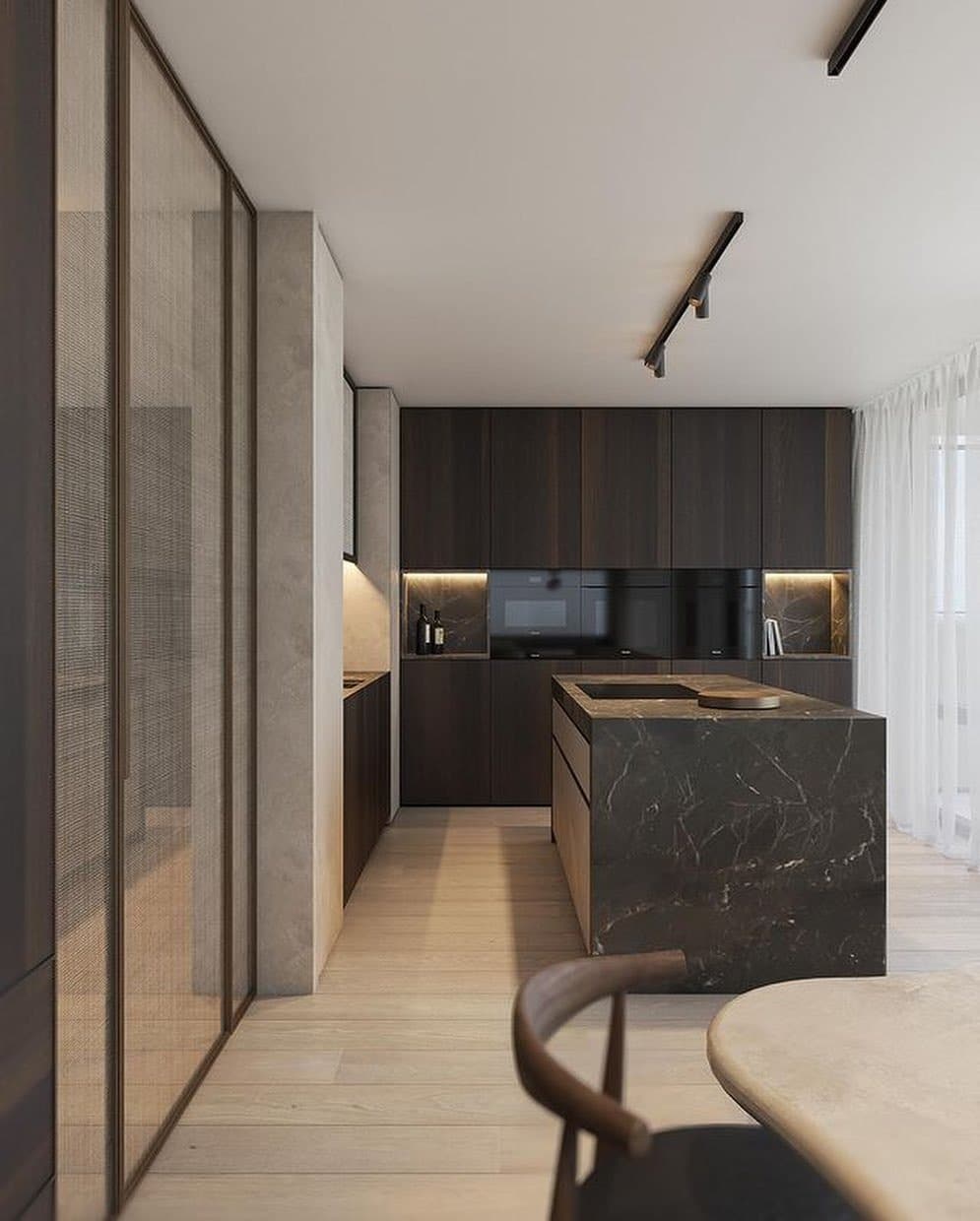 6. Contemporary Dark Wood Kitchen with Textured Panels - dark wood kitchen ideas