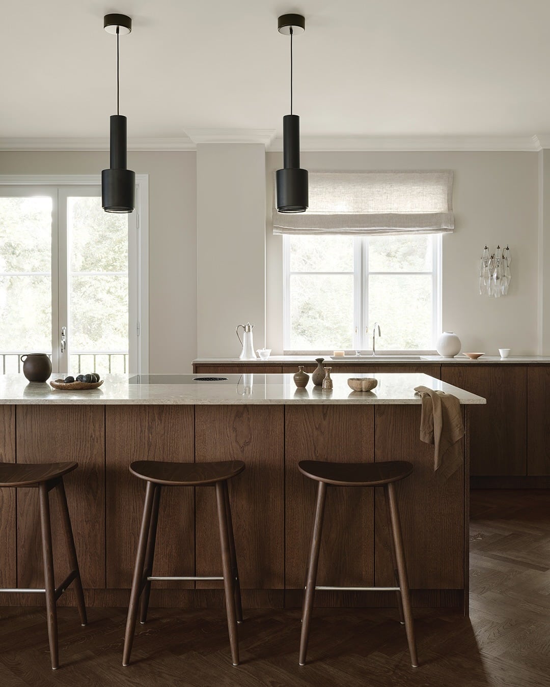 7. Scandinavian-Inspired Dark Wood Kitchen with Soft Neutrals - dark wood kitchen ideas