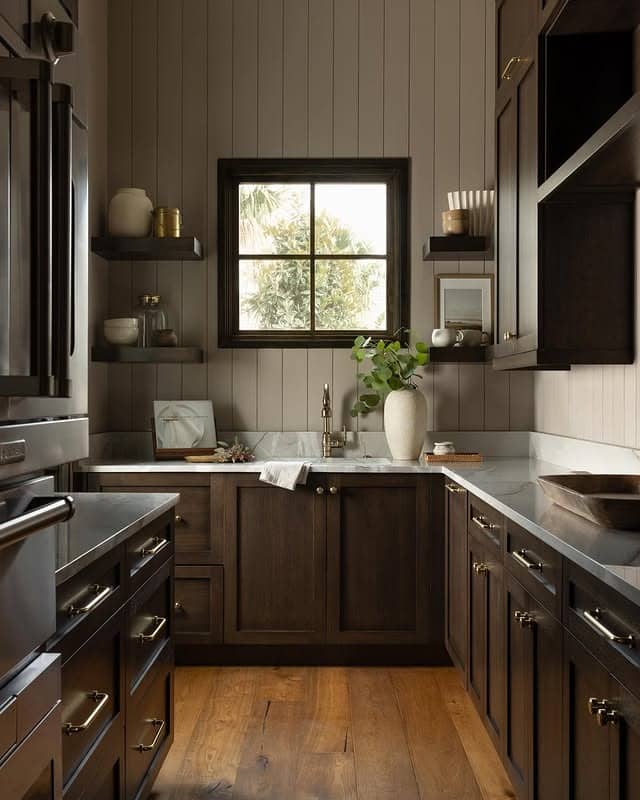 8. Elegant Dark Wood Kitchen with Light Quartz Island - dark wood kitchen ideas