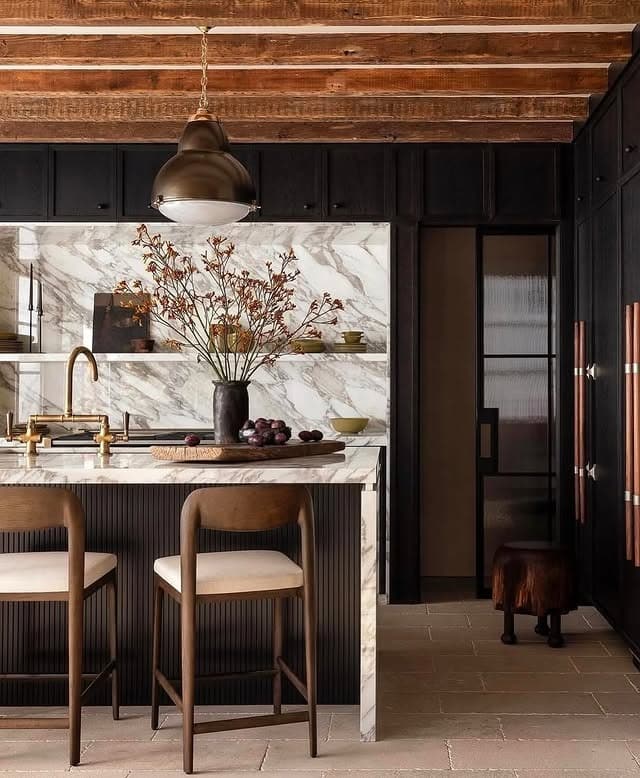 9. Compact Dark Wood Kitchen with Brass Accents - dark wood kitchen ideas