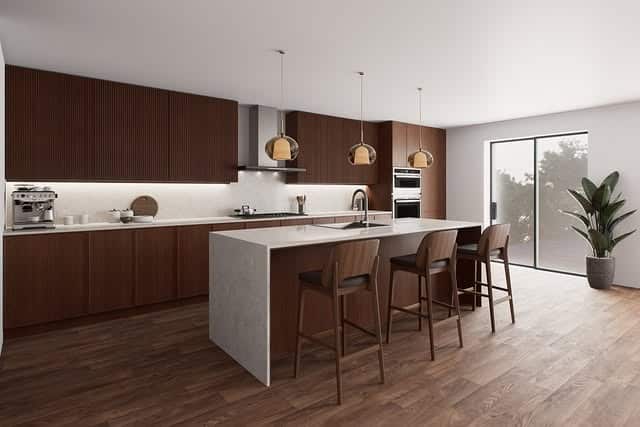 11. Contemporary Dark Wood Kitchen with Light Stone Island - dark wood kitchen ideas