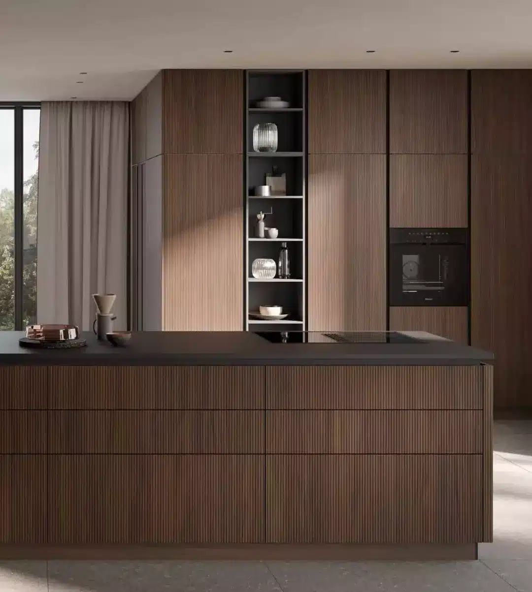 12. Textured Dark Wood Kitchen with Vertical Slat Cabinetry - dark wood kitchen ideas