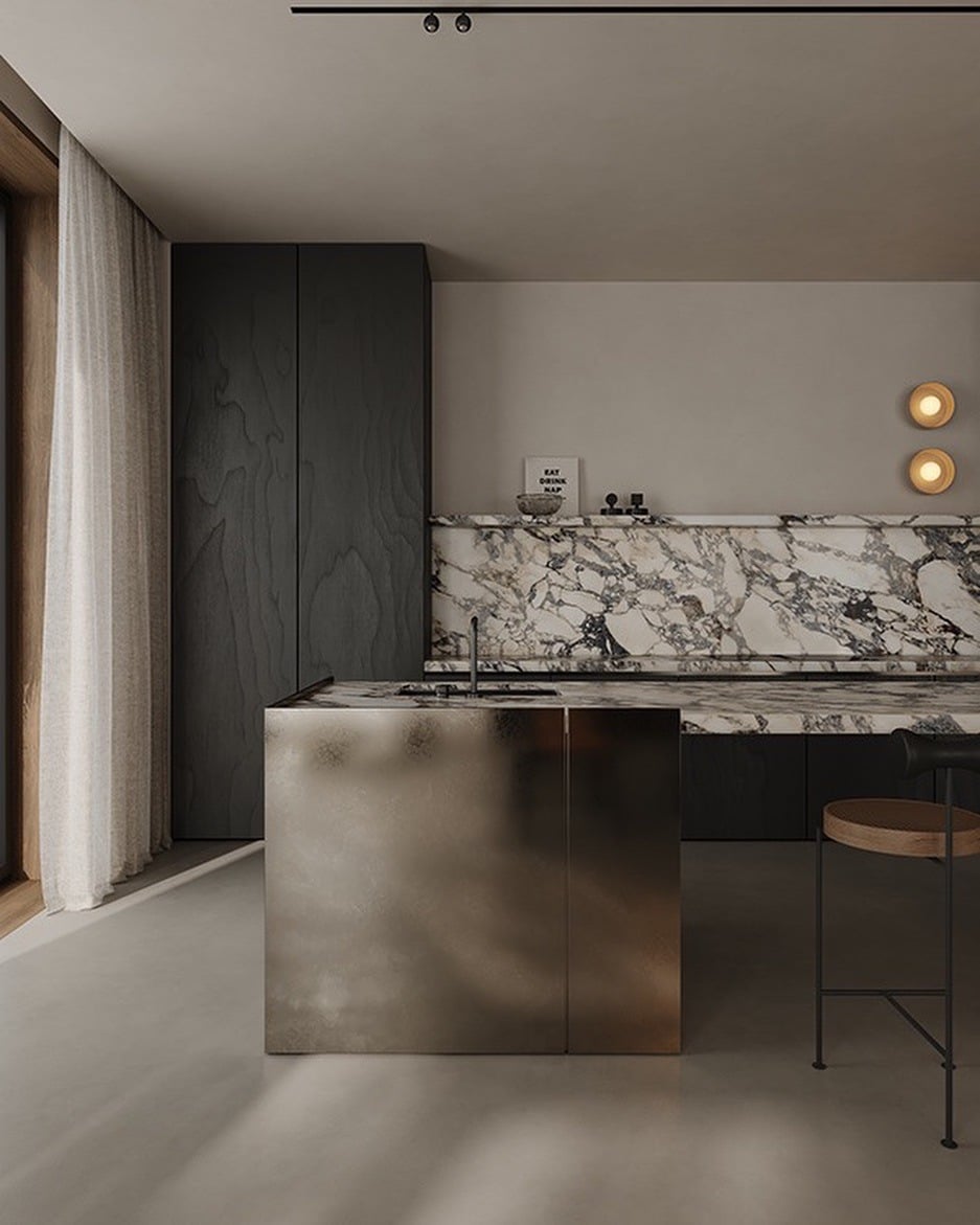 13. Minimal Dark Wood Kitchen with Stone and Metal Island - dark wood kitchen ideas