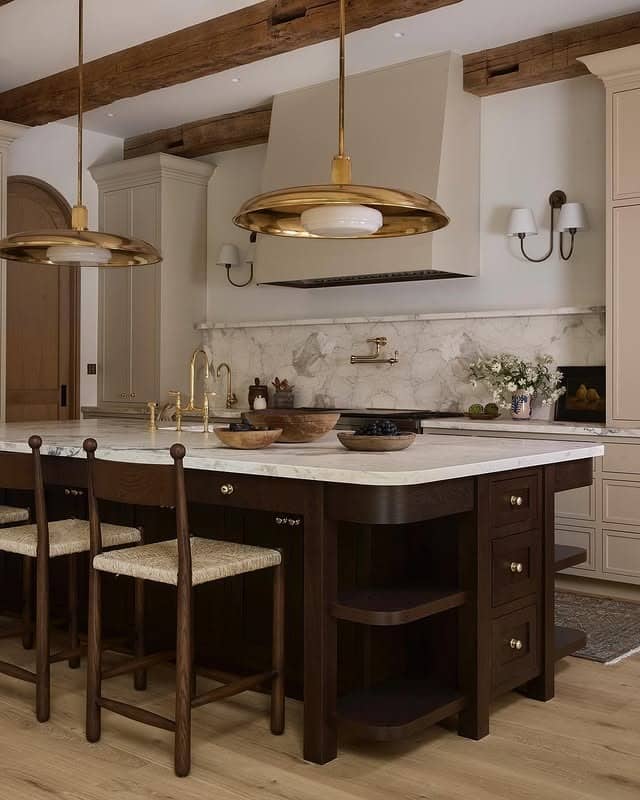 16. Classic Dark Wood Kitchen with Brass and Marble Details - dark wood kitchen ideas
