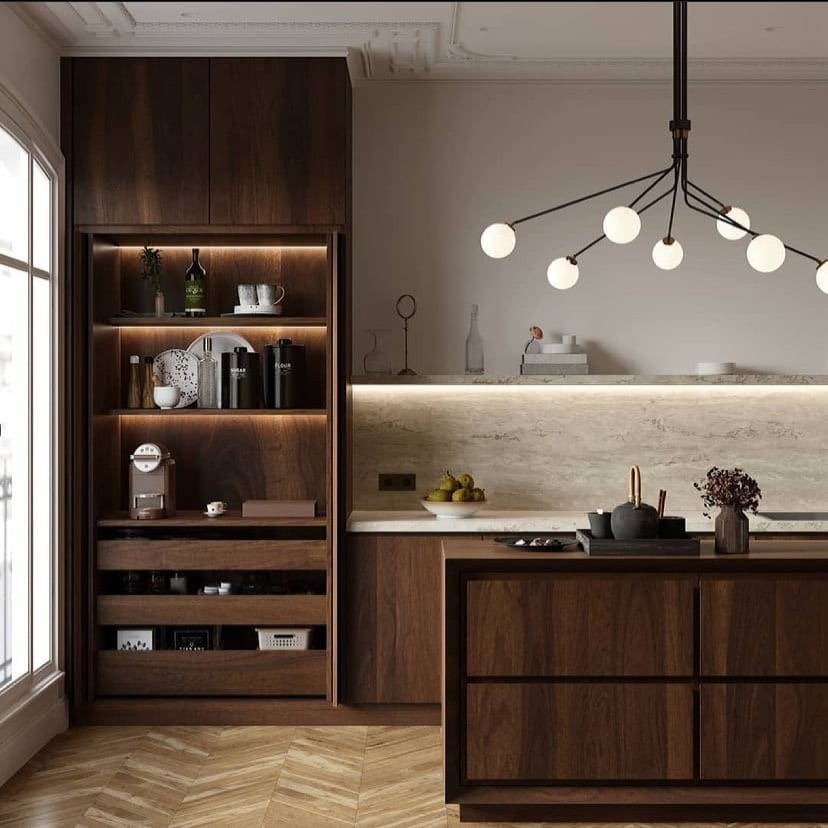 18. Refined Dark Wood Kitchen with Open Display Storage - dark wood kitchen ideas