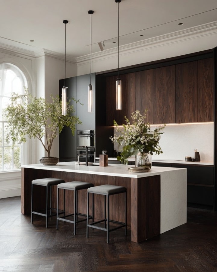 19. Statement Dark Wood Kitchen with Sculptural Lighting - dark wood kitchen ideas