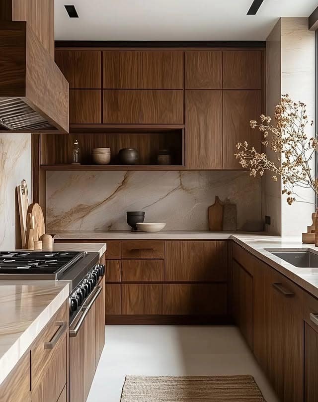 20. Natural Dark Wood Kitchen with Stone Backsplash - dark wood kitchen ideas