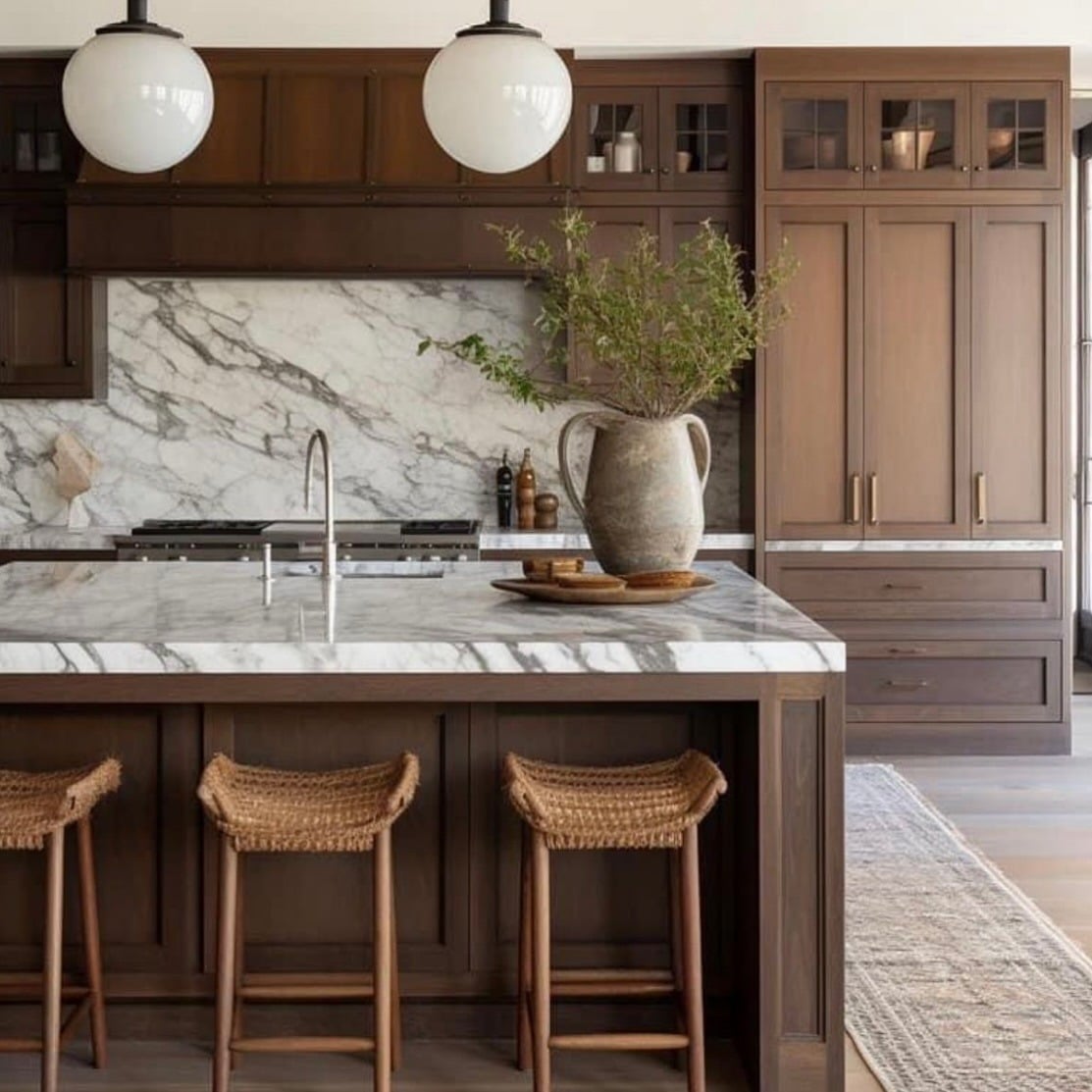 22. Refined Dark Wood Kitchen with Marble Island and Natural Textures - dark wood kitchen ideas