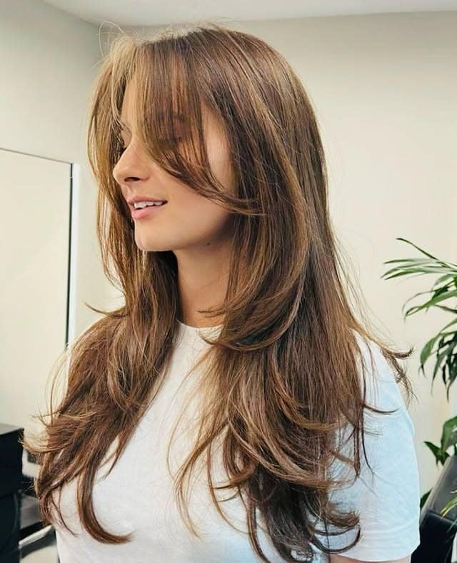 11. Long Straight Layers with Curtain Bangs in Warm Chestnut Brown - Straight Hairstyles with Bangs