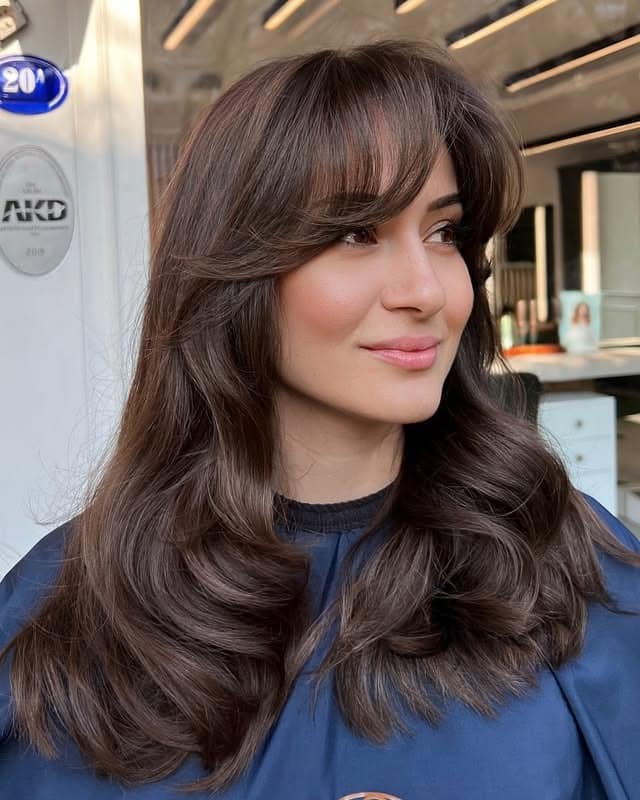 12. Smooth Straight Length with Rounded Bangs in Rich Brunette - Straight Hairstyles with Bangs