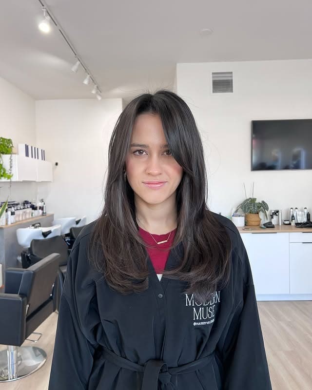 16. Mid-Length Straight Cut with Center-Parted Bangs in Dark Brown - Straight Hairstyles with Bangs