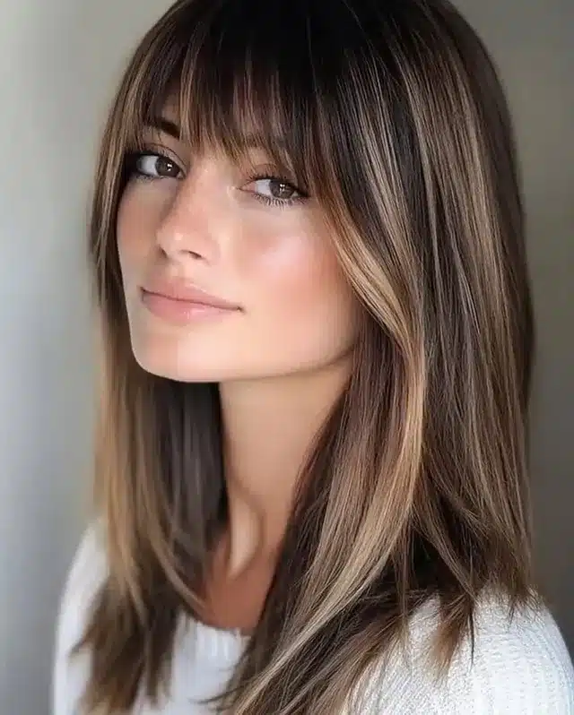 17. Straight Lob with Full Fringe in Honey Brown - Straight Hairstyles with Bangs