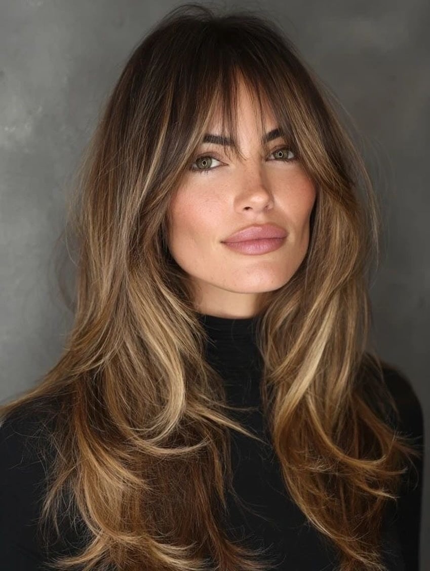 20. Straight Layered Length with Feathered Bangs in Neutral Brown - Straight Hairstyles with Bangs