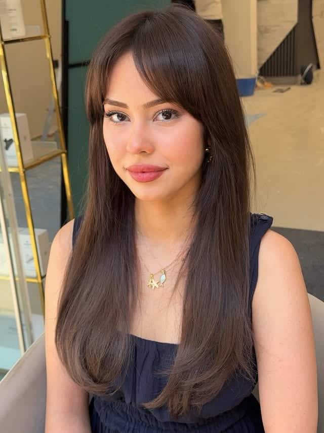 22. Sleek Long Straight Hair with Center-Parted Bangs in Deep Chocolate Brown - Straight Hairstyles with Bangs