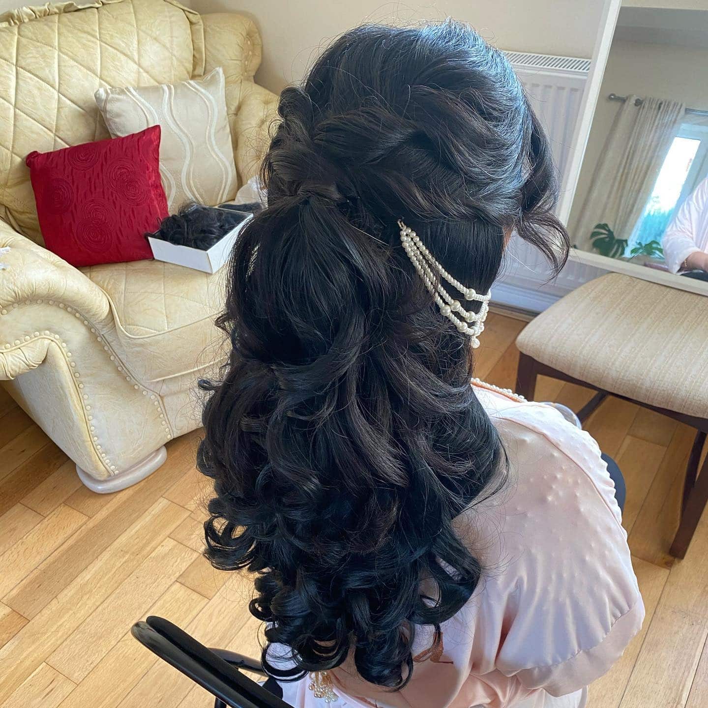 5. Voluminous Half-Up Curls with Pearl Hair Chain in Deep Espresso Brown - Prom Hairstyles