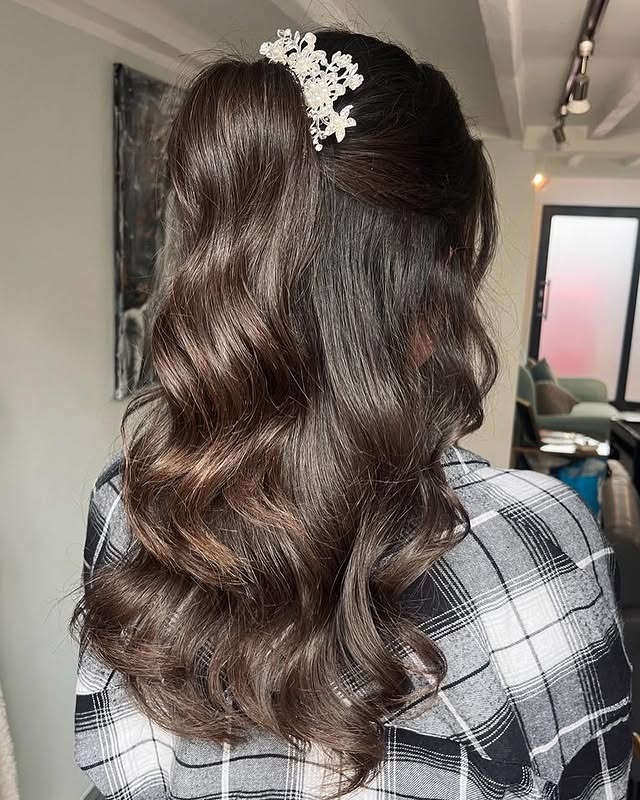 8. Smooth Half-Up Waves with Crystal Comb in Glossy Dark Brown - Prom Hairstyles