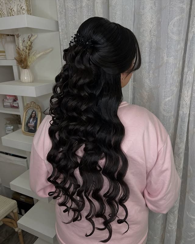 12. Sleek Half-Up Curls in Jet Black - Prom Hairstyles