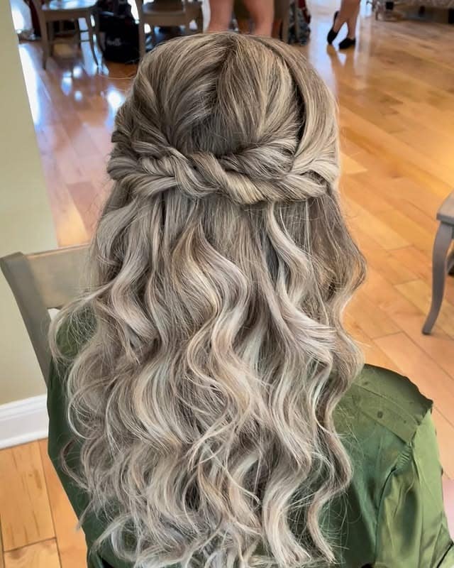 15. Braided Crown Half-Up Waves in Silver Ash Blonde - Prom Hairstyles