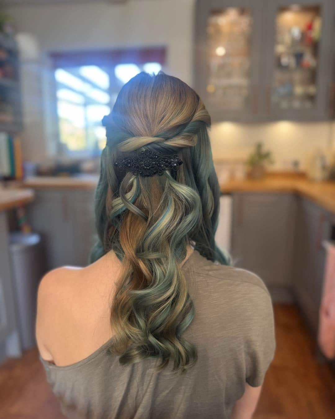 16. Half-Up Twisted Waves with Teal Accents in Smoky Ash Brown - Prom Hairstyles
