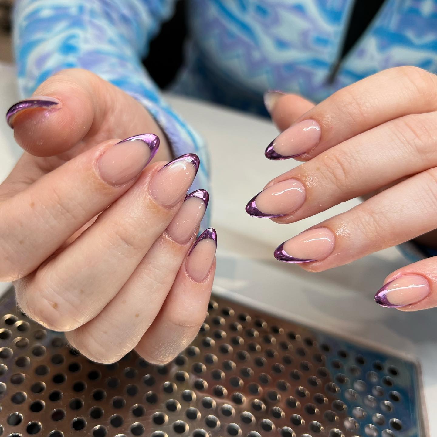 7. Chrome Purple French Tips on Almond Nails - purple french tip nail ideas