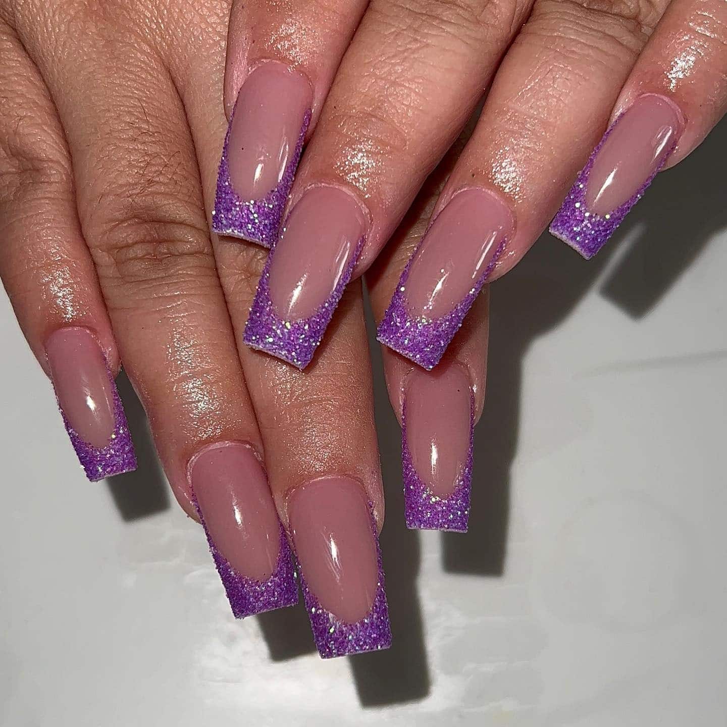 8. Glittered Purple French Tips on Coffin Nails - purple french tip nail ideas