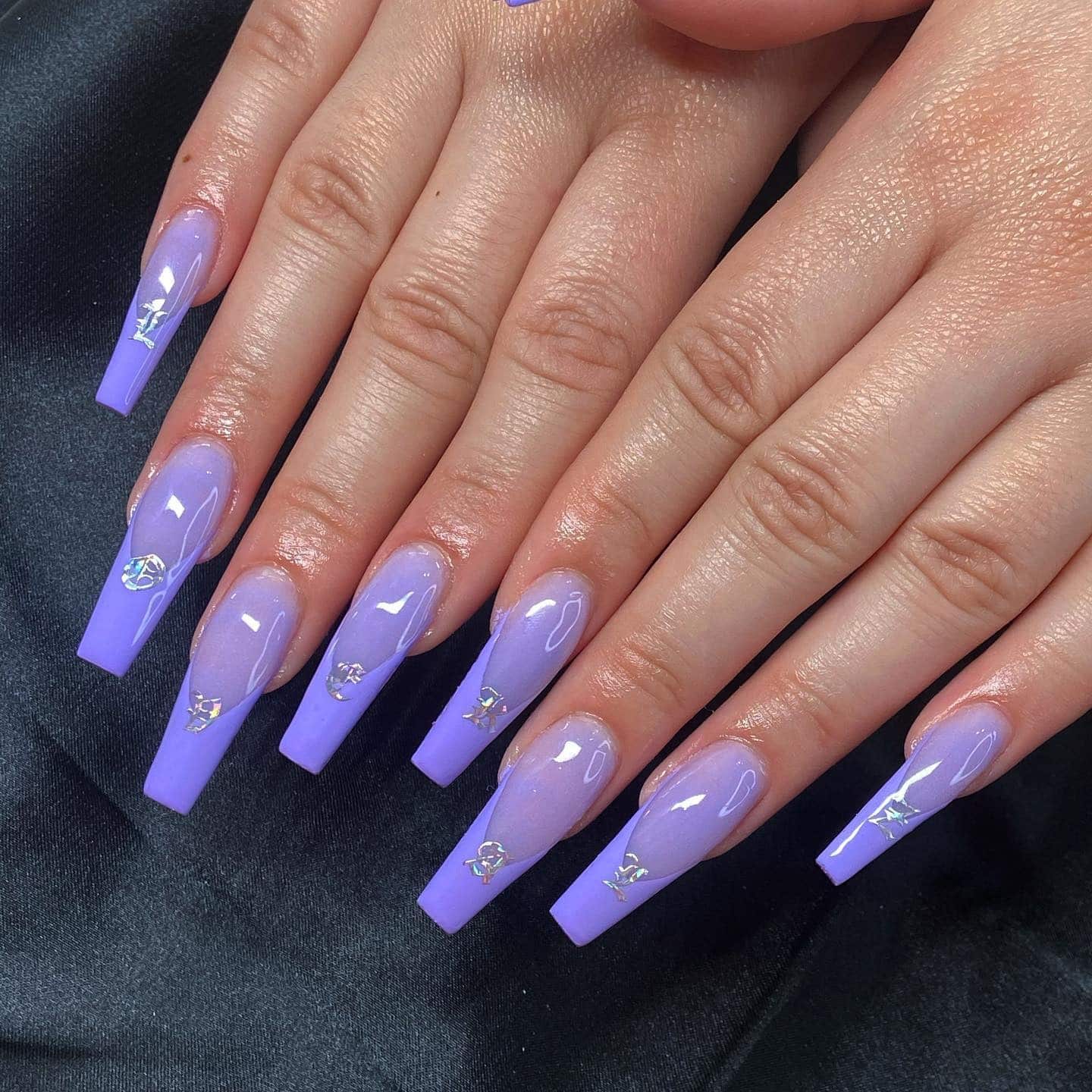10. Lavender Ombre French Tips with Crystal Accents - purple french tip nail ideas