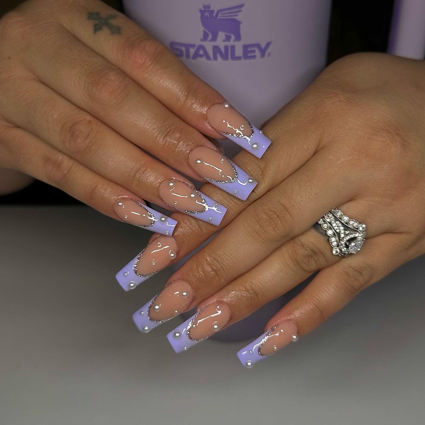 14. Pearl-Accented Lavender French Tips - purple french tip nail ideas