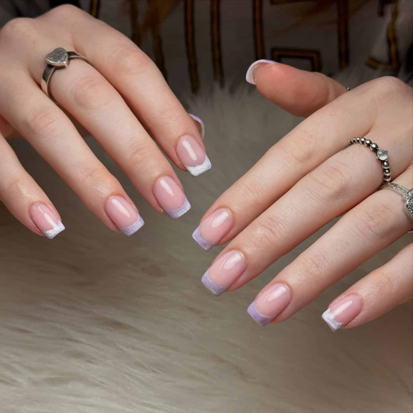 17. Micro Glitter Lavender Square French Tips - purple french tip nail ideas