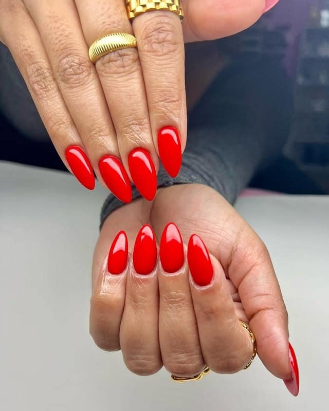 1. Classic Scarlet Almond Gloss - red almond nail ideas