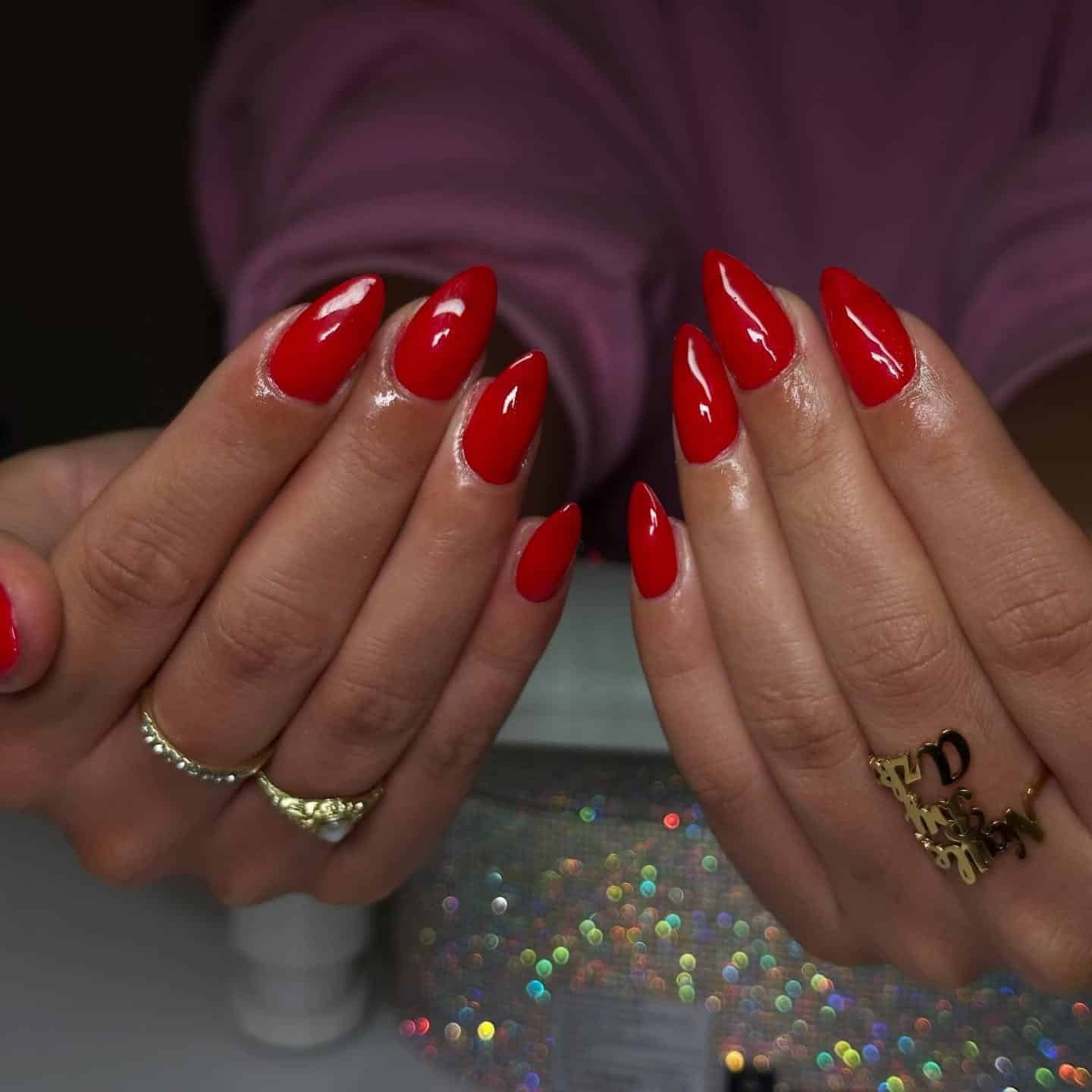 5. Ruby Red Almond Perfection - red almond nail ideas