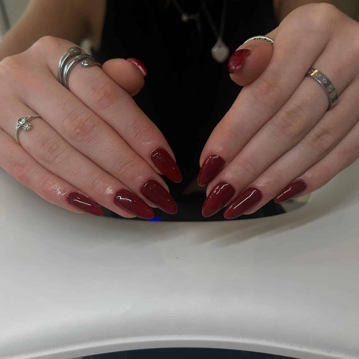 8. Fire Red Almond High Shine - red almond nail ideas