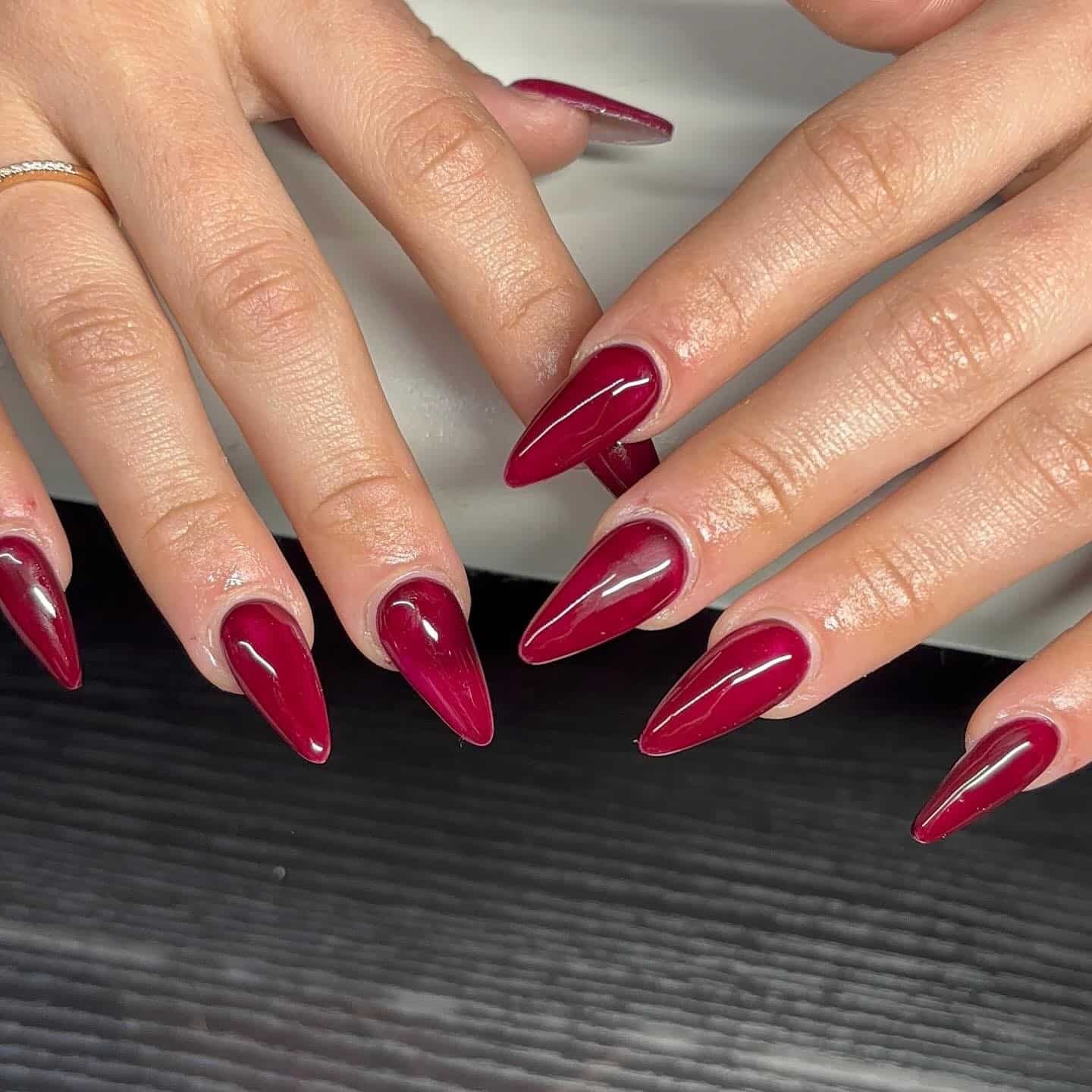 11. Deep Berry Almond Precision - red almond nail ideas