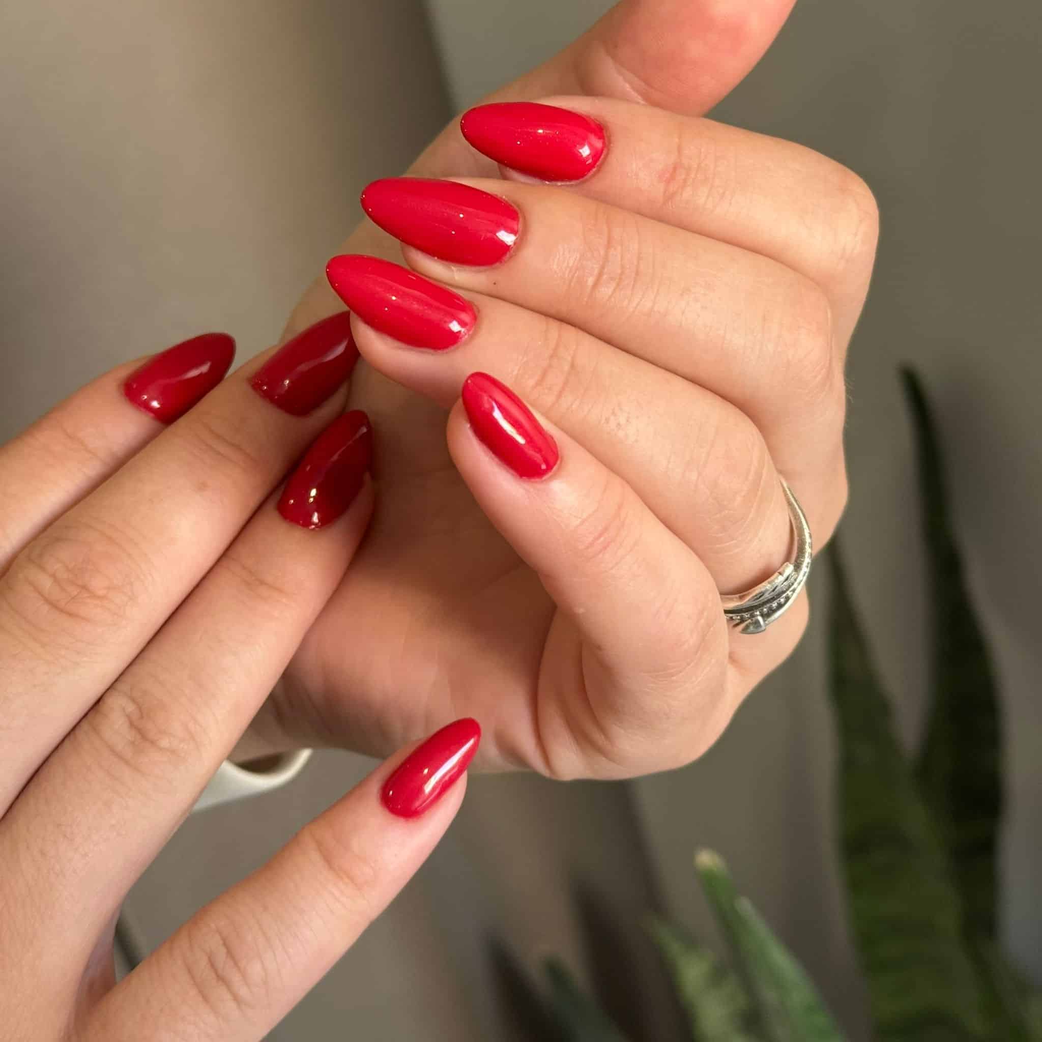 15. Candy Red Almond Shine - red almond nail ideas