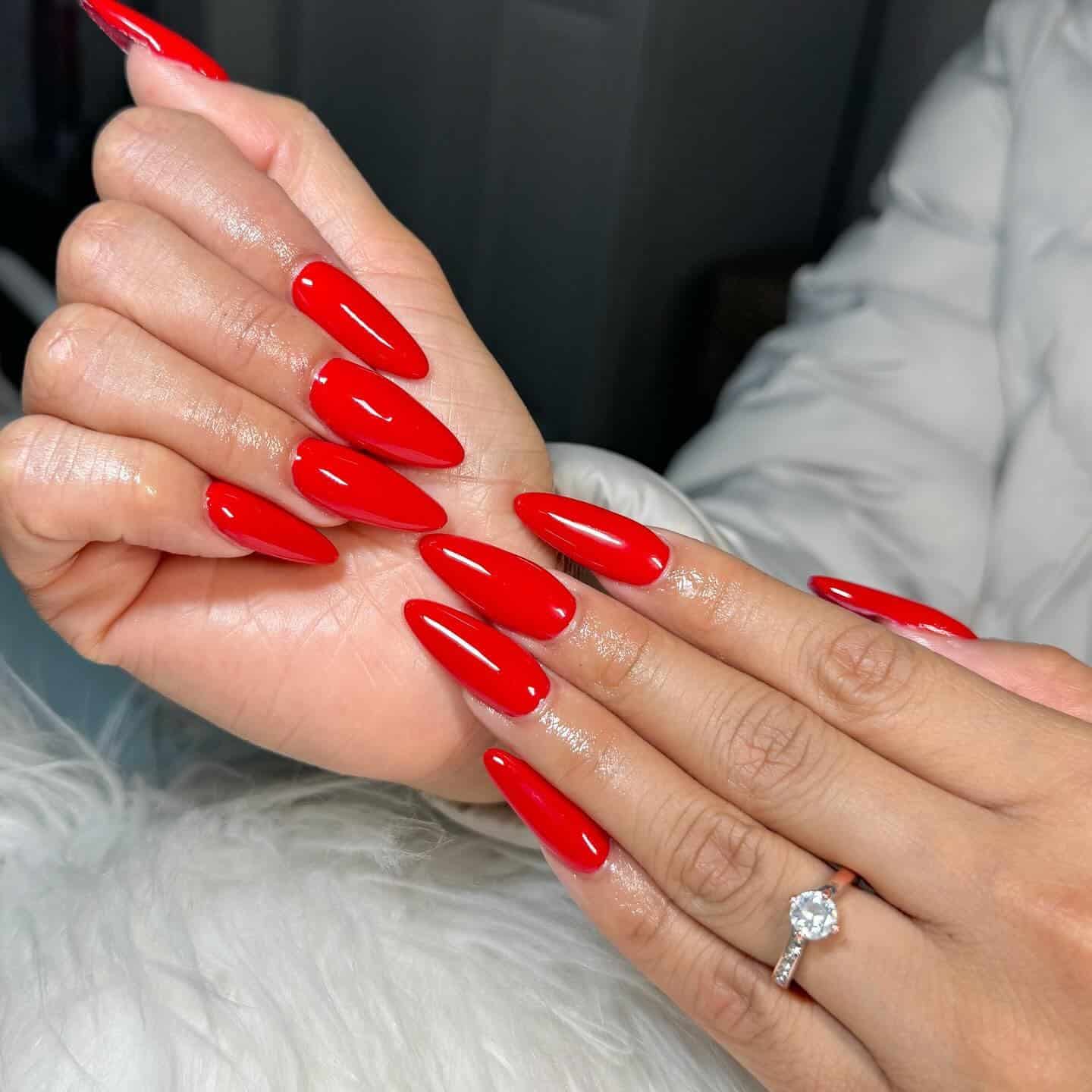 16. Fire Engine Red Almond Nails - red almond nail ideas