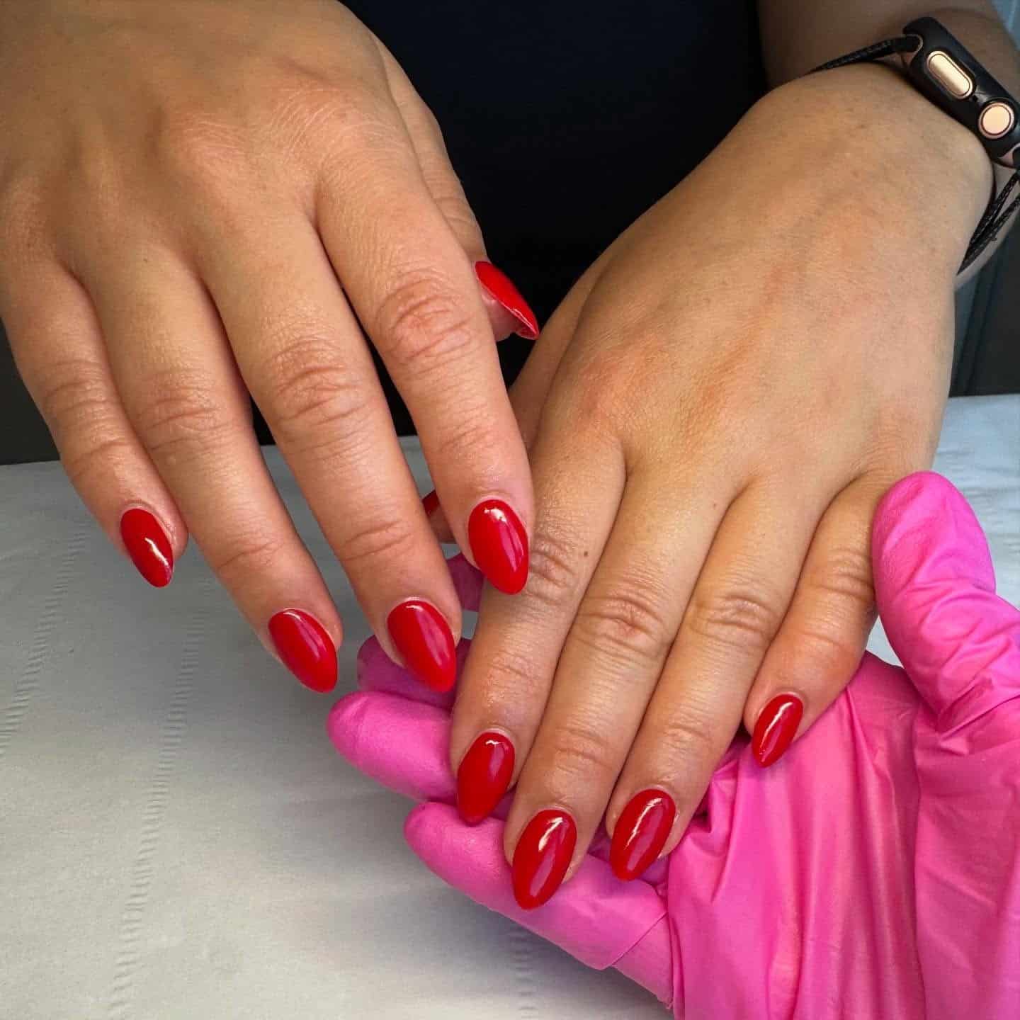 20. Red Almond with White Line Art Accents - red almond nail ideas