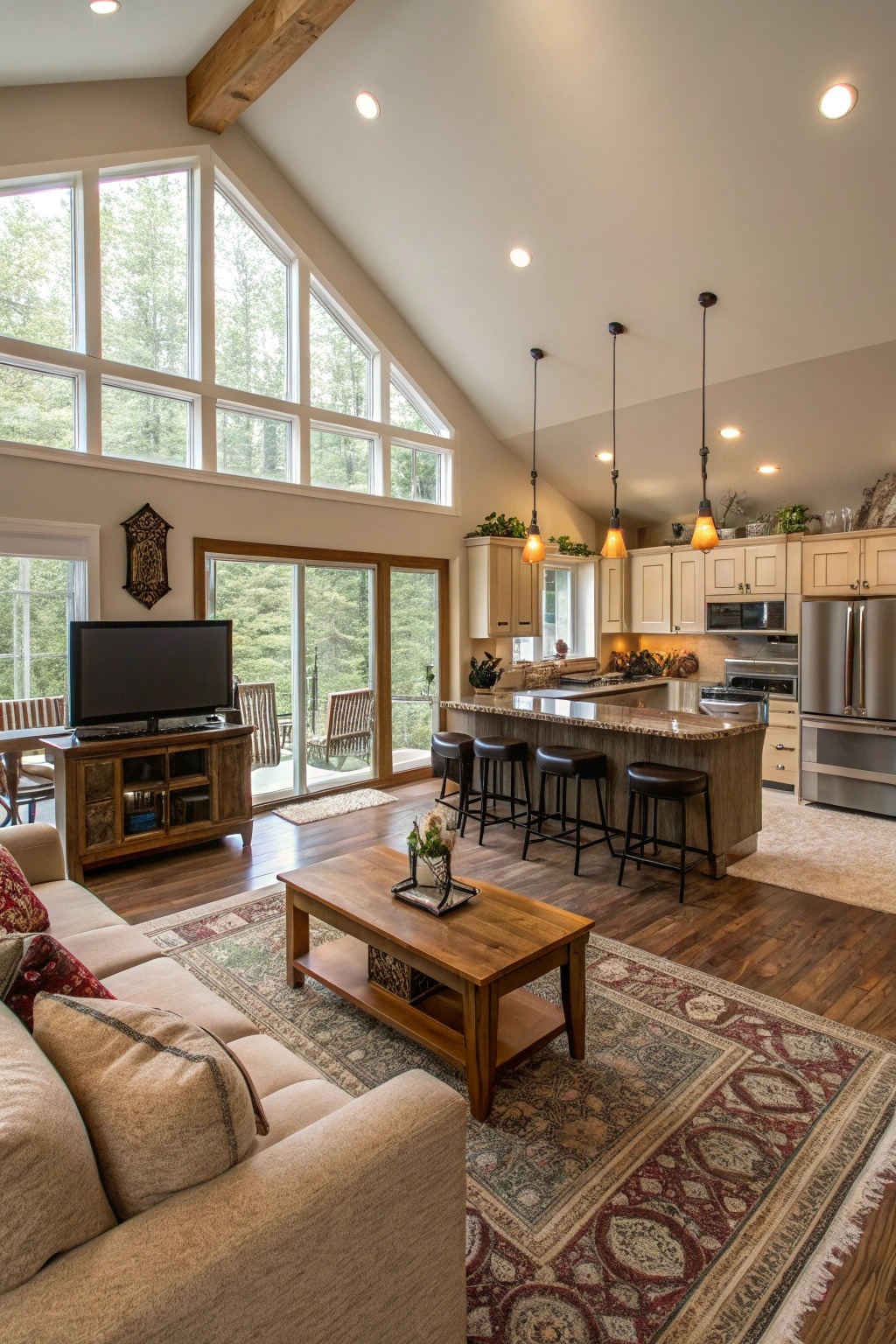 3. Warm Rustic Living and Kitchen in Natural Wood and Neutral Tones - living room and kitchen ideas