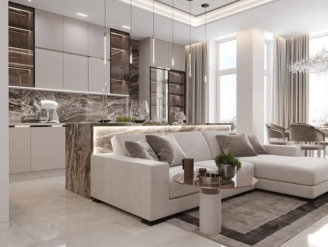 4. Luxury Open-Plan Living in Stone, Taupe, and Soft Gray - living room and kitchen ideas