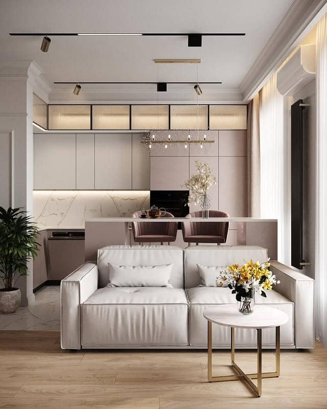 5. Compact Modern Living Room and Kitchen in Beige and Blush Accents - living room and kitchen ideas