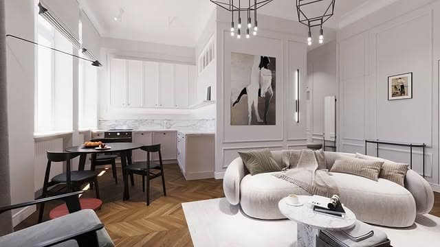 6. Contemporary Classic Living Space in White, Black, and Warm Neutrals - living room and kitchen ideas