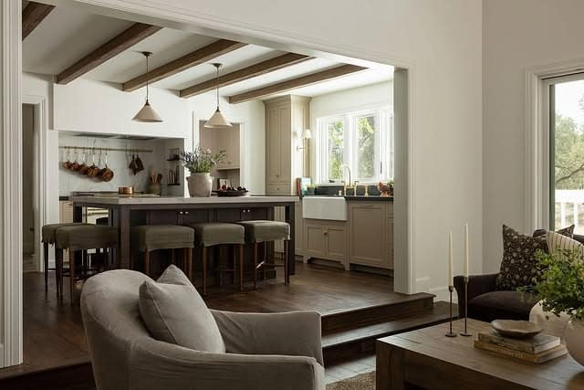 7. Transitional Living and Kitchen in Cream, Wood, and Soft Gray - living room and kitchen ideas