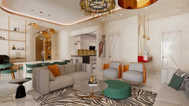 12. Glam Contemporary Living Room in Cream, Gold, and Emerald Accents - living room and kitchen ideas